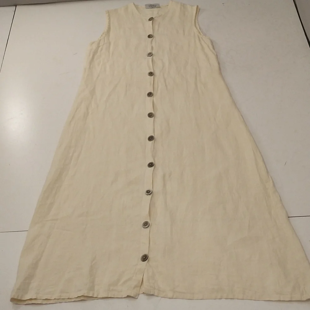 Pale Yellow 100% Linen Maxi Shift Pastel Summer Natural SeeMeasurements USA made - Picture 7 of 8